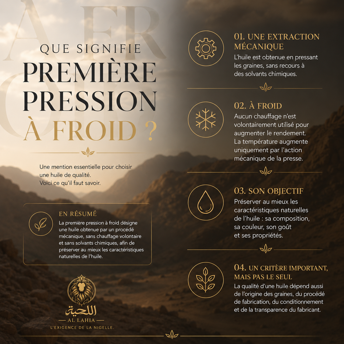 Infographie expliquant la signification de la première pression à froid pour l’huile de nigelle.