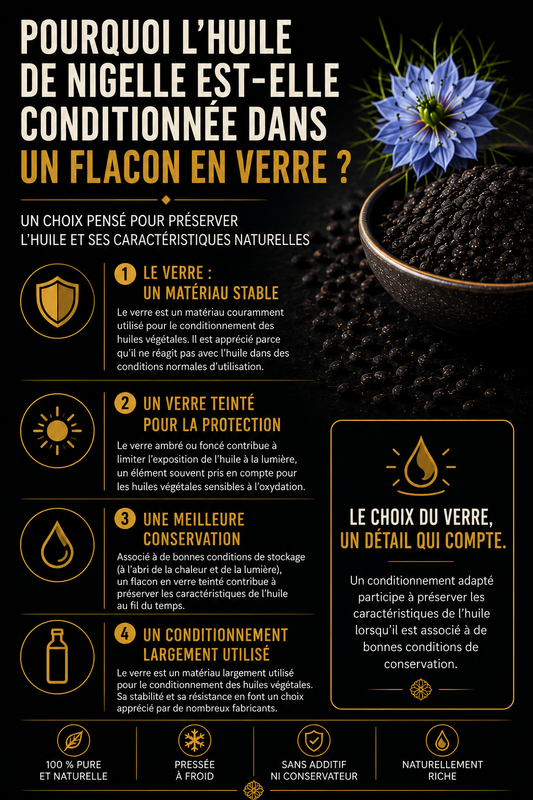 Infographie expliquant pourquoi l'huile de nigelle est conditionnée dans un flacon en verre.